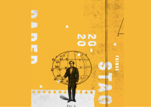 Paper Stages. Cover art is a yellow backgroun, a man in all black is stoof on a white floor made out of old fashioned film. Behind him is a a drawing of the longitude and lattitude lines around the globe.