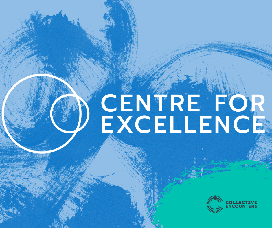 light blue background with darker blue paint brush strokes and a white centre for excellence logo